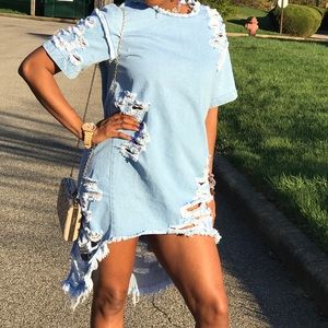 High Low Distressed Denim Dress